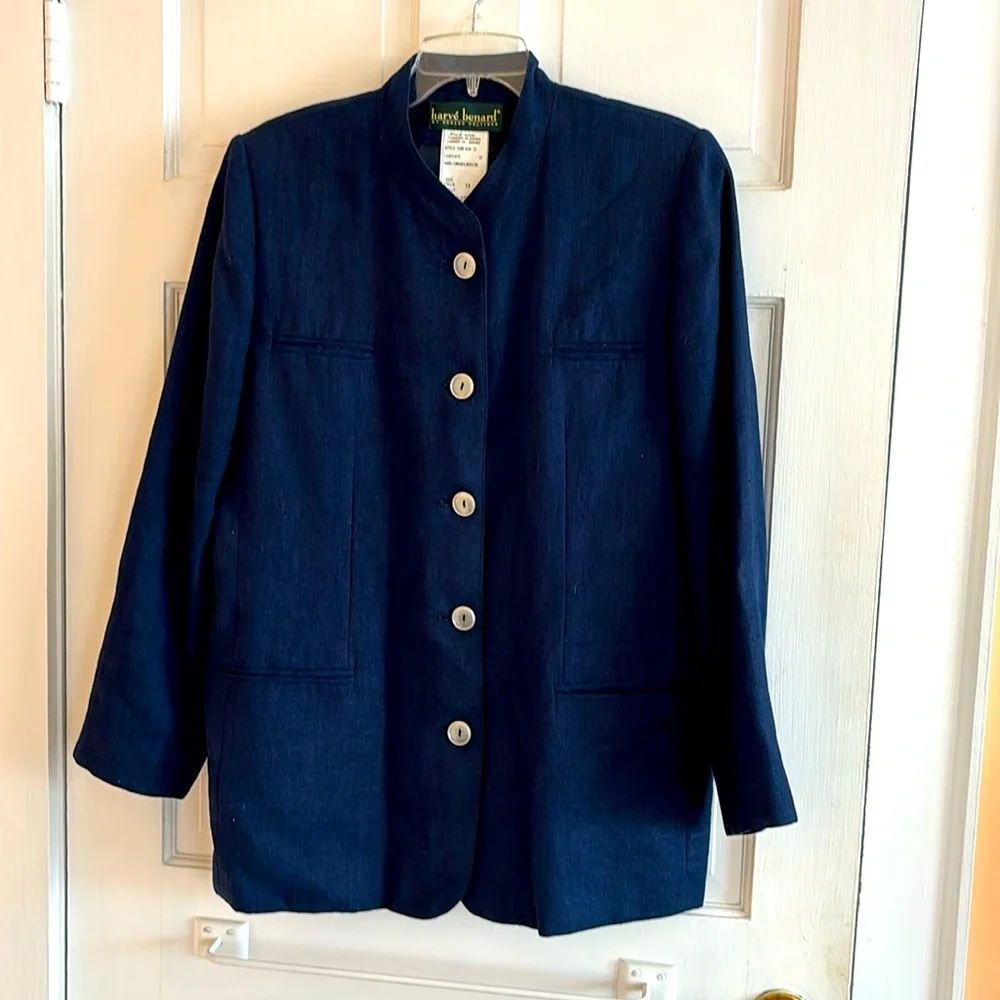 Navy linen blazer mandarin collar - Picture 1 of 7